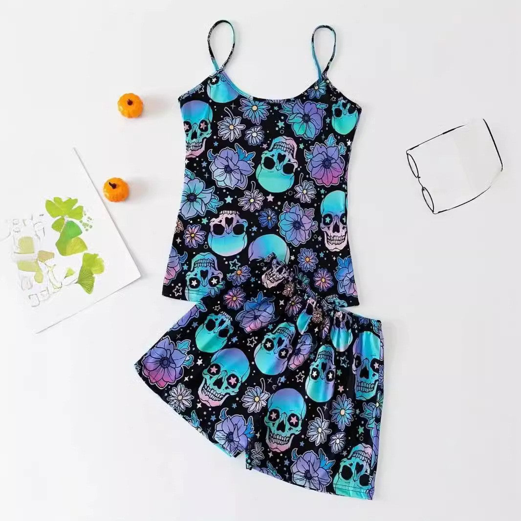 Womens Skull Print Pajama Set - Halloween Floral Sling Top & Shorts Loungewear | Soft Milk Silk Sleepwear TED