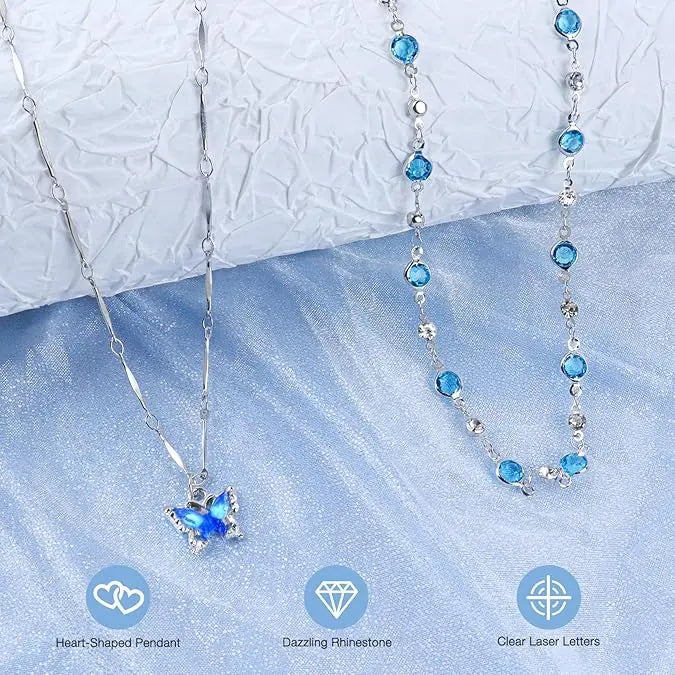 Blue Butterfly Double Layer Necklace Detachable Beaded & Pendant Chain TED
