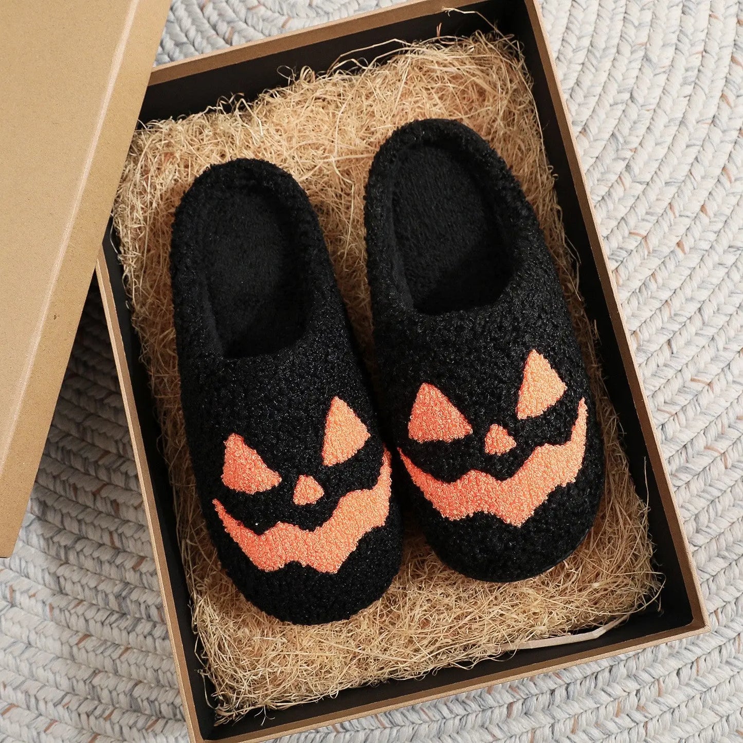 Halloween Plush Slippers Skull Pumpkin Ghost Cozy Anti-Slip Indoor Shoes TED