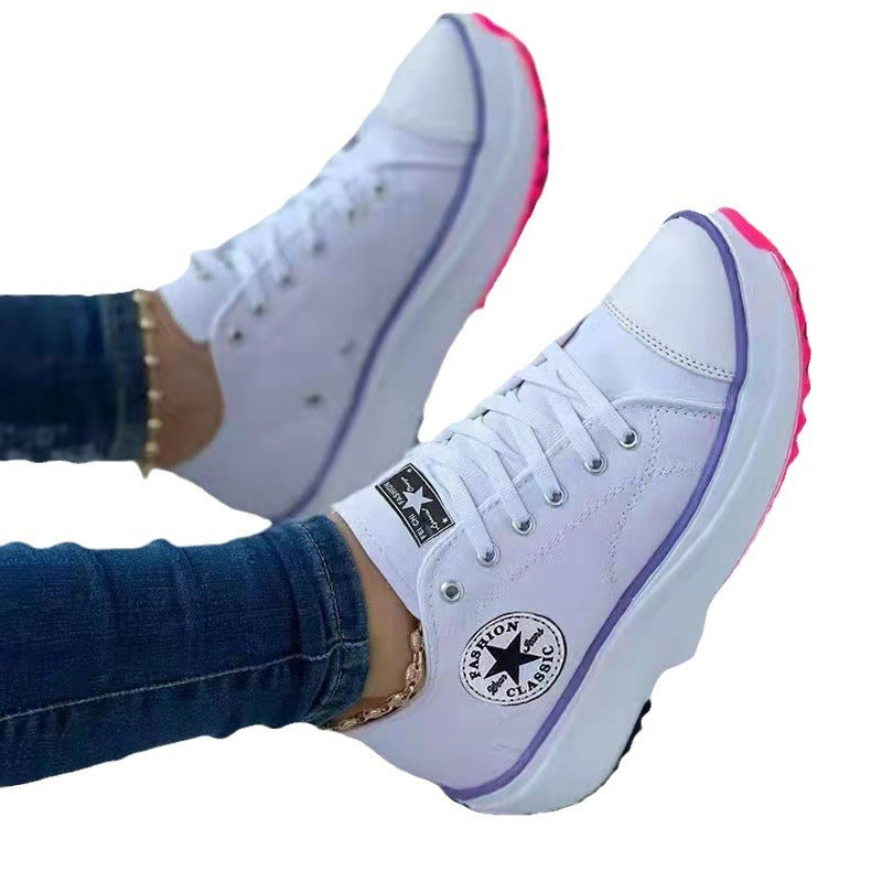 Womens T-Strap Canvas Platform Shoes - Casual Round Toe Lace-Up Sneakers | Comfortable Flat Heel Fashion Shoes TED
