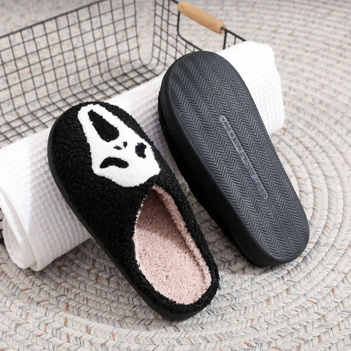 Halloween Plush Slippers Skull Pumpkin Ghost Cozy Anti-Slip Indoor Shoes TED