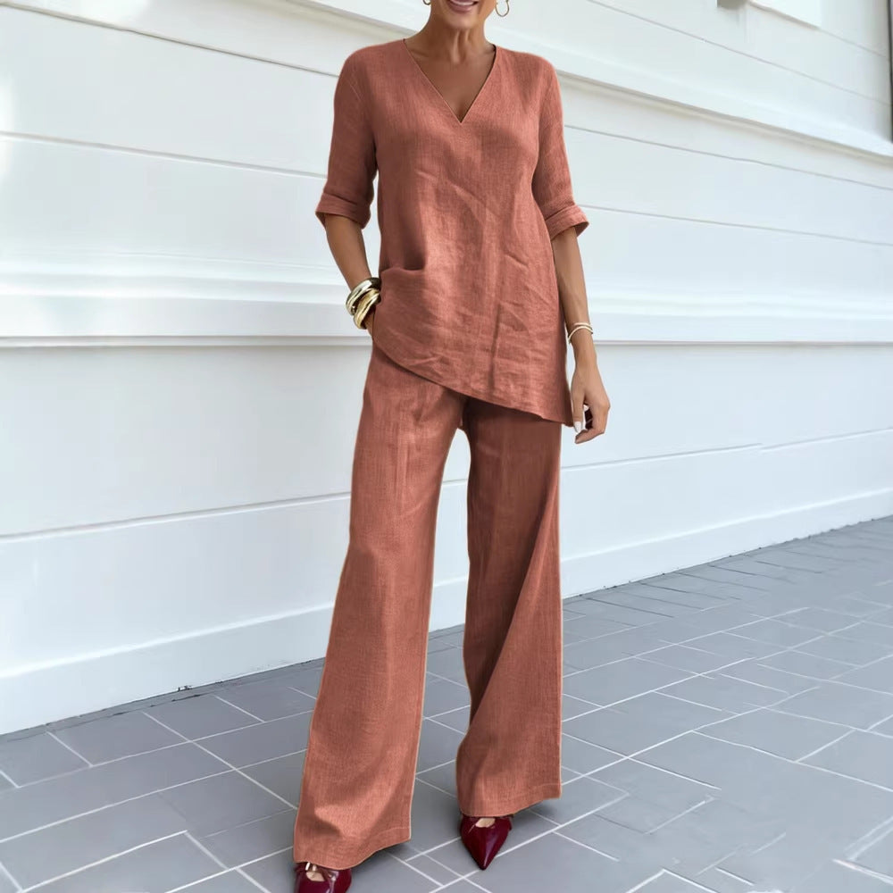 Womens Cotton Linen Lounge Set V-Neck 3/4 Sleeve Top & Casual Wide Leg Pants | Relaxed Two-Piece Outfit TED