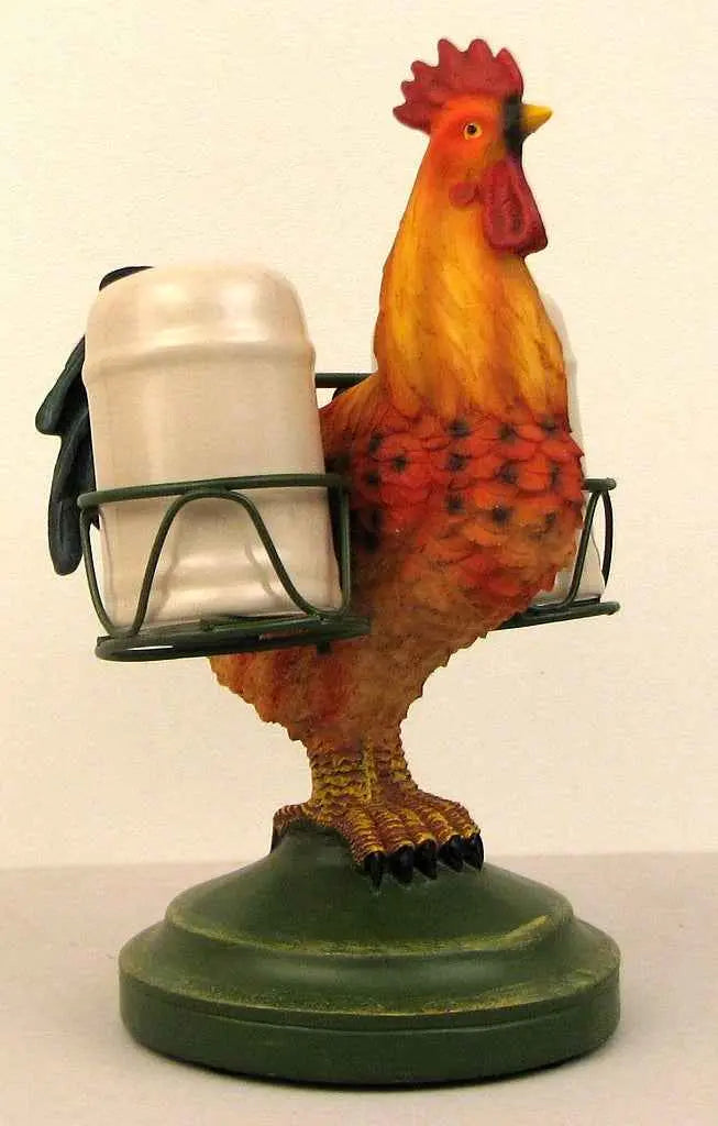 Rooster Salt & Pepper Holder Set – Colorful Farmhouse Kitchen Decor with Metal Rack