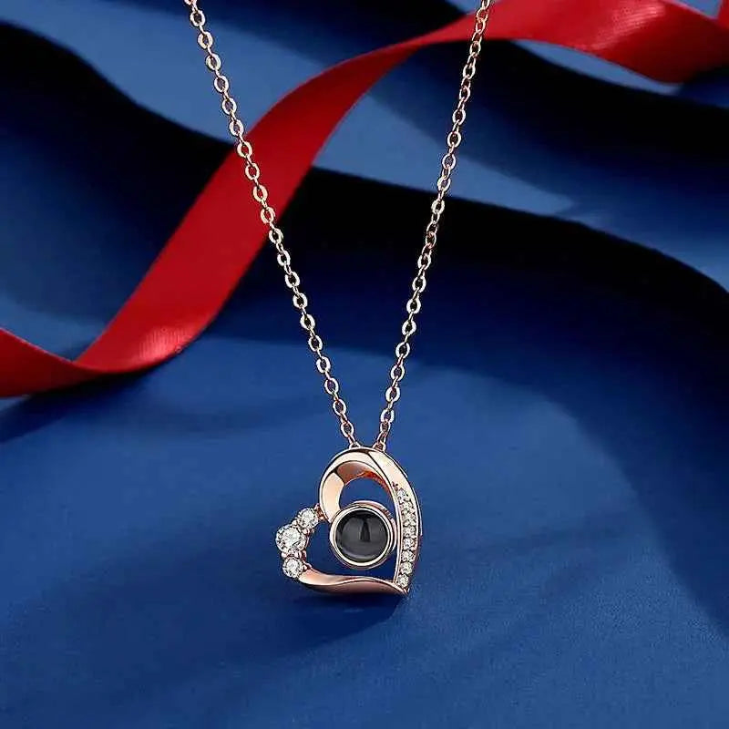 925 Silver Photo Projection Necklace – “I Love You” in 100 Languages Personalized Pendant for Her