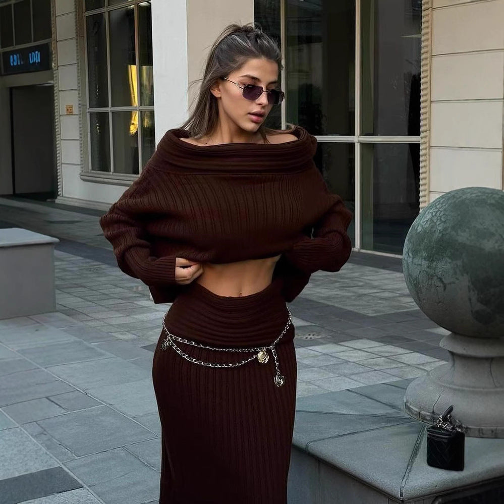 Womens Winter Outfit Two Piece Skirt Set – Off Shoulder Sweater & Long Skirt Outfit | Free Shipping