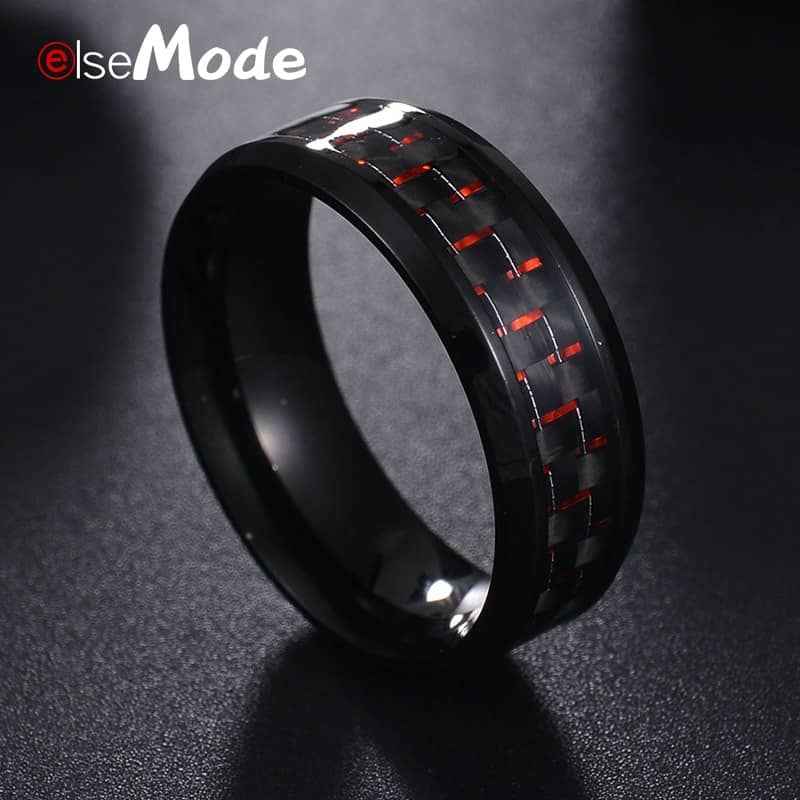 Men’s Titanium Steel Carbon Fiber Ring – Black with Red/Blue Accent (Father’s Day Gift)