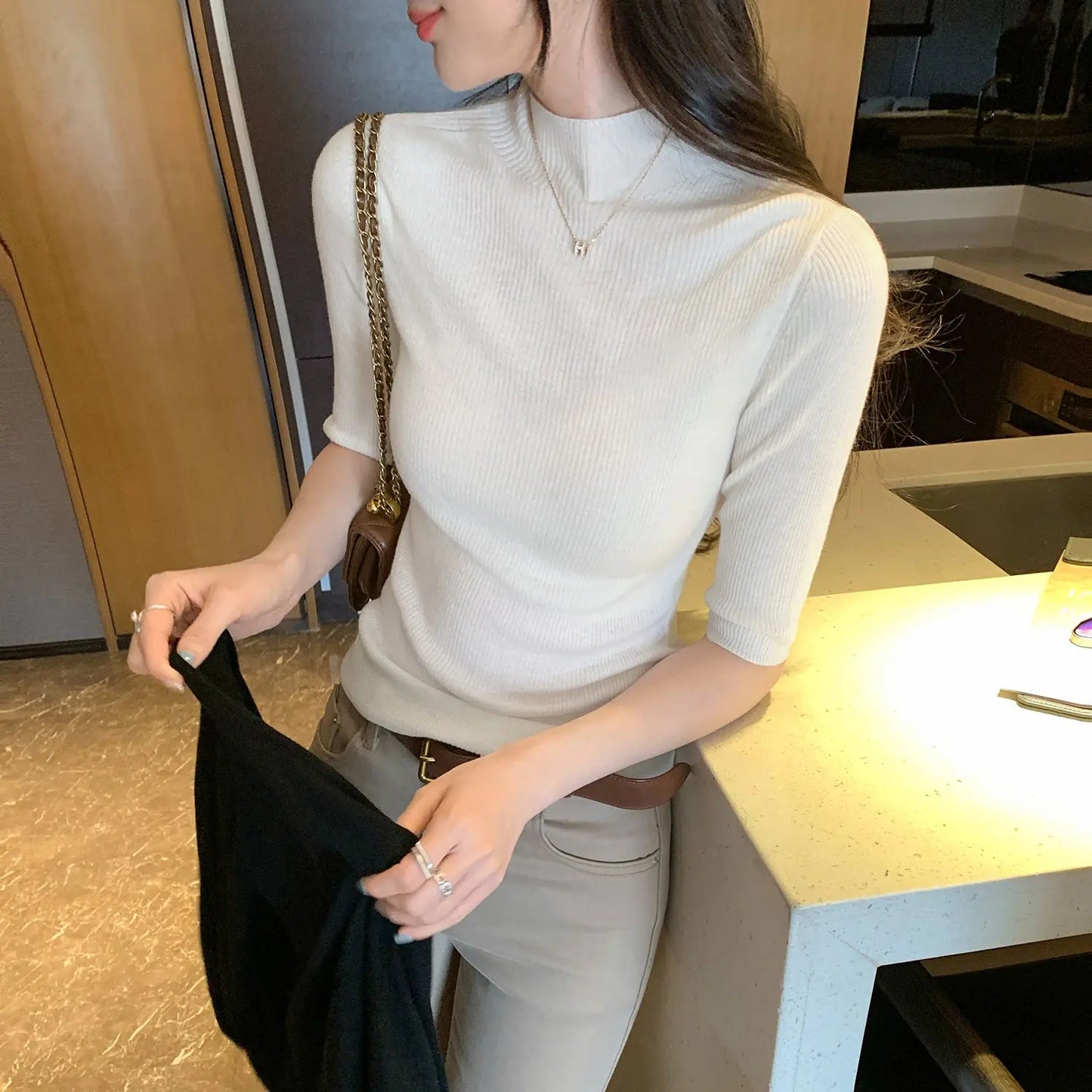 Women’s Slim Fit Half Turtleneck Knit Top – Three-Quarter Sleeve Sweater | Soft Elegant Casual Pullover EPR