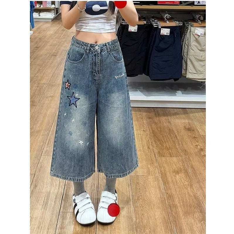 Women’s Cropped Straight Leg Denim Pants – Relaxed Wide Leg Cotton Blend Jeans | Casual Blue Ankle-Length Trousers EPR