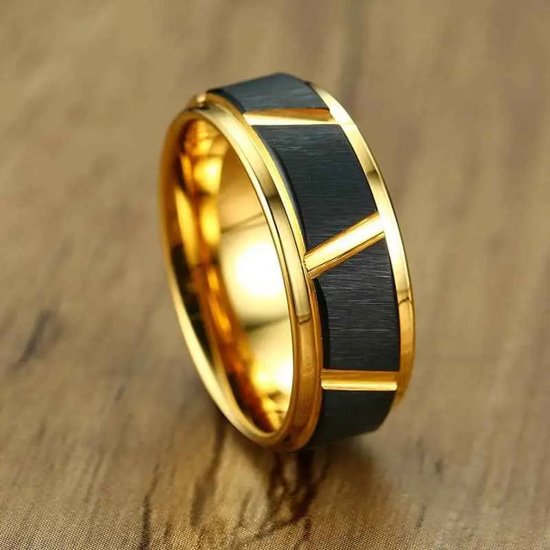 Men’s Tungsten Steel Ring – Black & Gold Geometric Band (Father’s Day Gift)