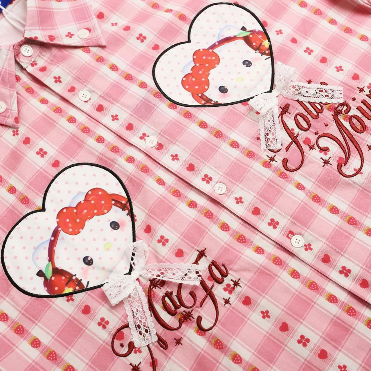 Women’s Pink Embroidered Cotton Shirt – Loose Fit Lace Collar Button-Up Blouse | Casual Short Sleeve Top