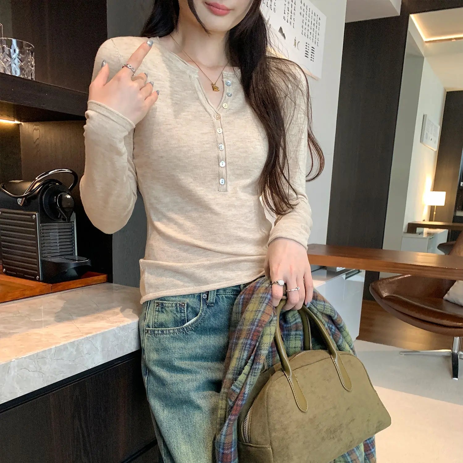 Women’s Henley Long Sleeve Slim Fit Top – Half-Open Collar Knit T-Shirt EPR