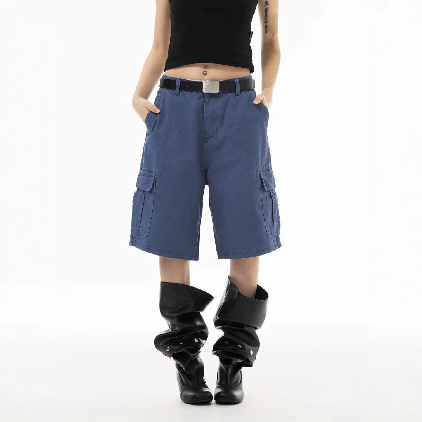 Women’s High Waist Capri Straight Leg Pants – Lightweight French Workwear Casual Trousers | Relaxed Blue Cropped Pants EPR