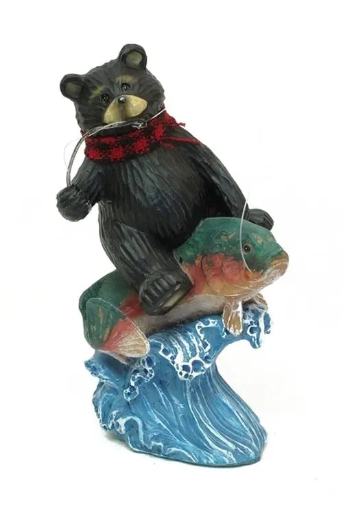 Northwood Bear Fishing Figurine – Resin Lodge Décor | Rustic Cabin Bear Statue with Fish IWGAC