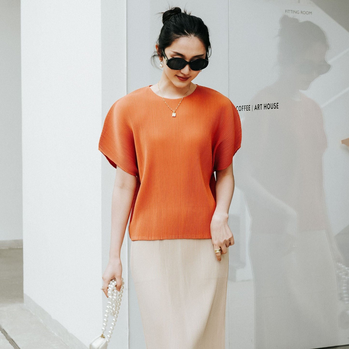 Women’s Pleated Batwing Sleeve T-Shirt – Loose Korean Casual Round Neck Top | Soft Relaxed Short Sleeve Tee EPR
