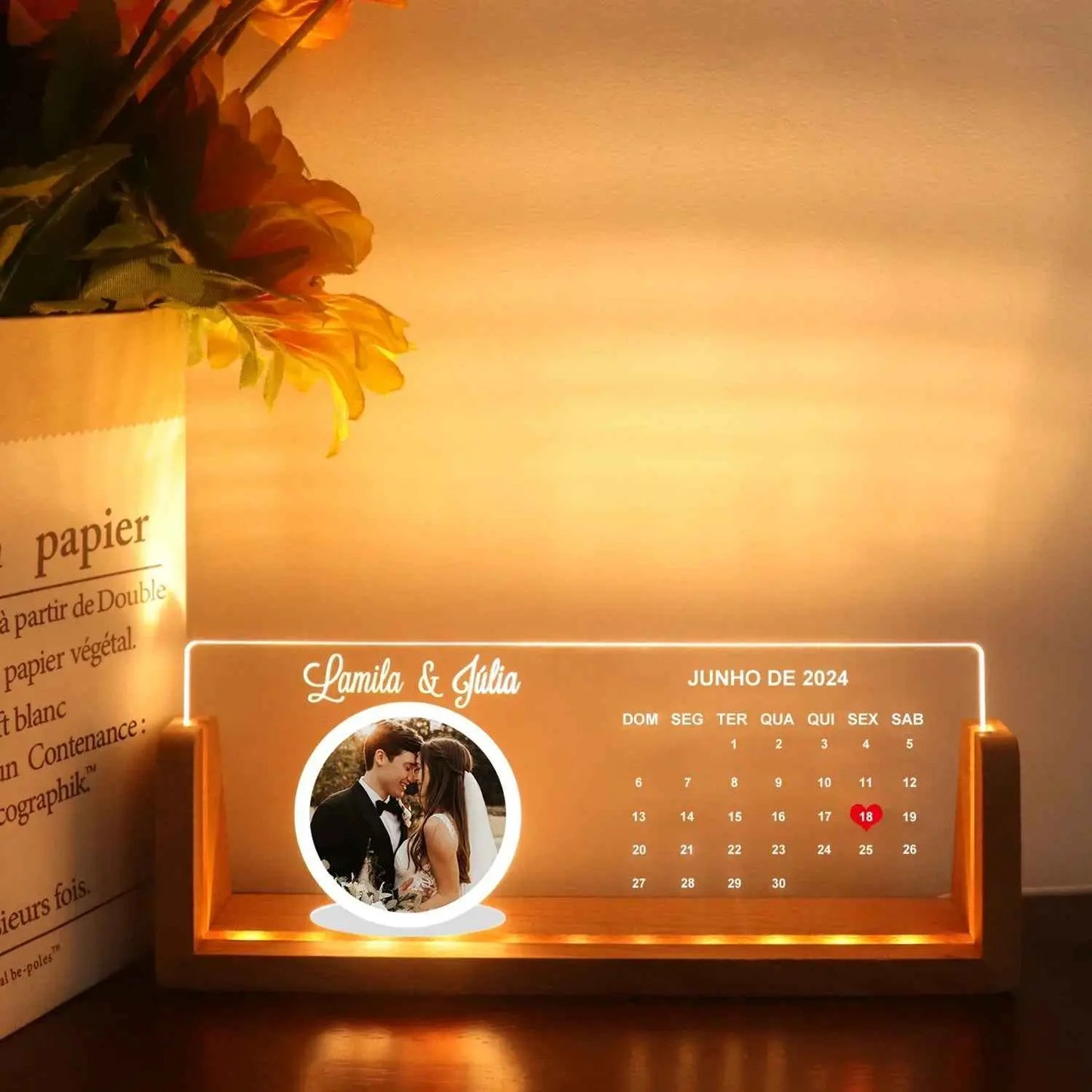 Personalized LED Photo Frame Night Light – Custom Acrylic Memorial Plaque with Wooden Base
