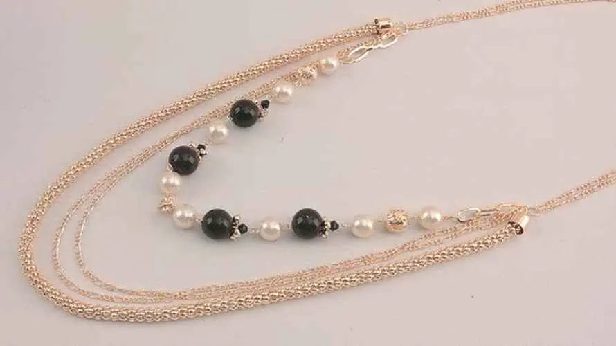 Gold Tone Necklace with Black & White Beads – Elegant 21” Statement Jewelry
