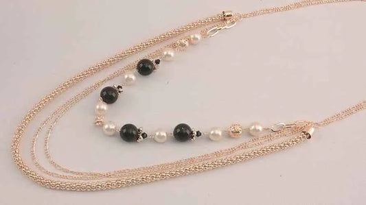 Gold Tone Necklace with Black & White Beads – Elegant 21” Statement Jewelry