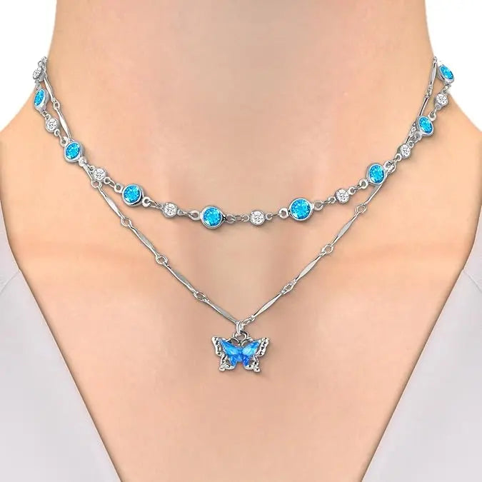 Blue Butterfly Double Layer Necklace Detachable Beaded & Pendant Chain TED