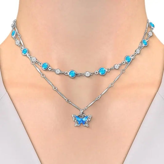 Blue Butterfly Double Layer Necklace Detachable Beaded & Pendant Chain TED