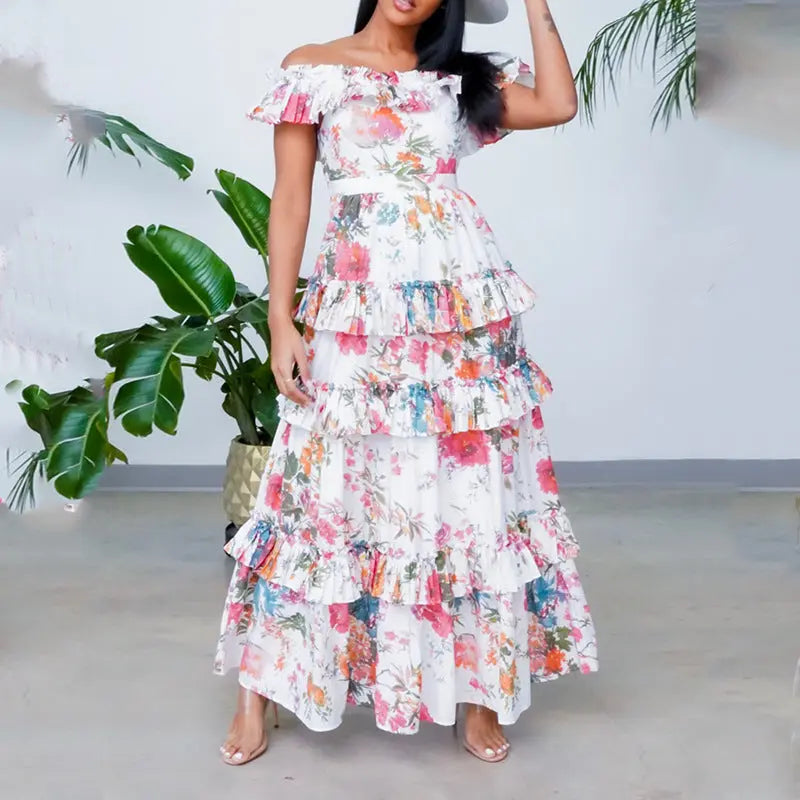 Women’s Ruffled Hem Maxi Dress – Elegant Printed Long Sleeve Dress | Office & Casual Flowy Dress CJ