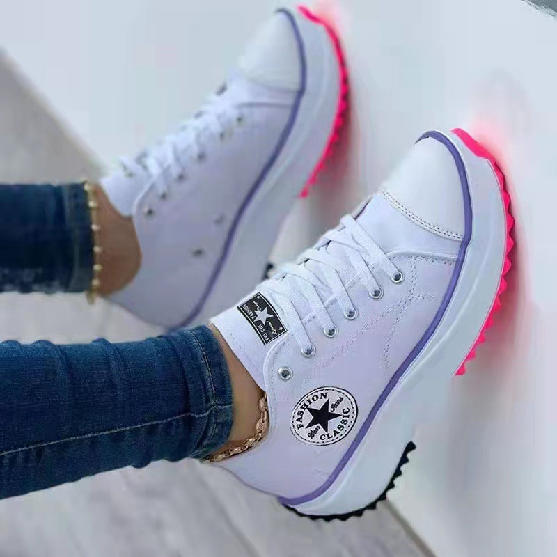 Womens T-Strap Canvas Platform Shoes - Casual Round Toe Lace-Up Sneakers | Comfortable Flat Heel Fashion Shoes TED