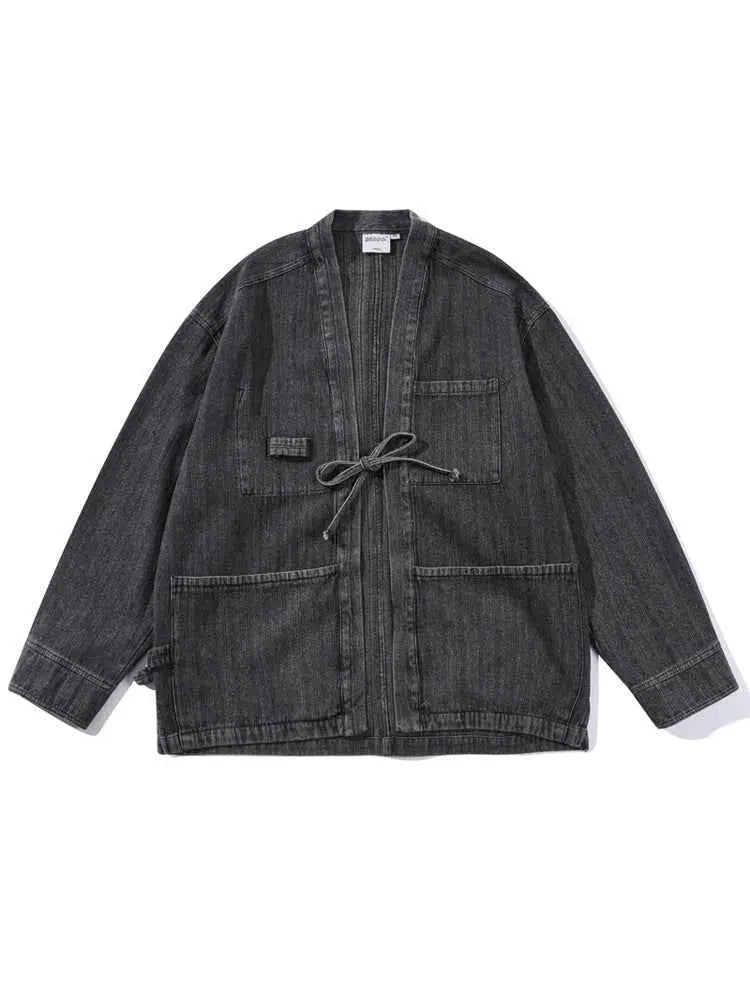 Mens V-Neck Denim Jacket Washed Cotton Oversized Ethnic Style Casual Coat