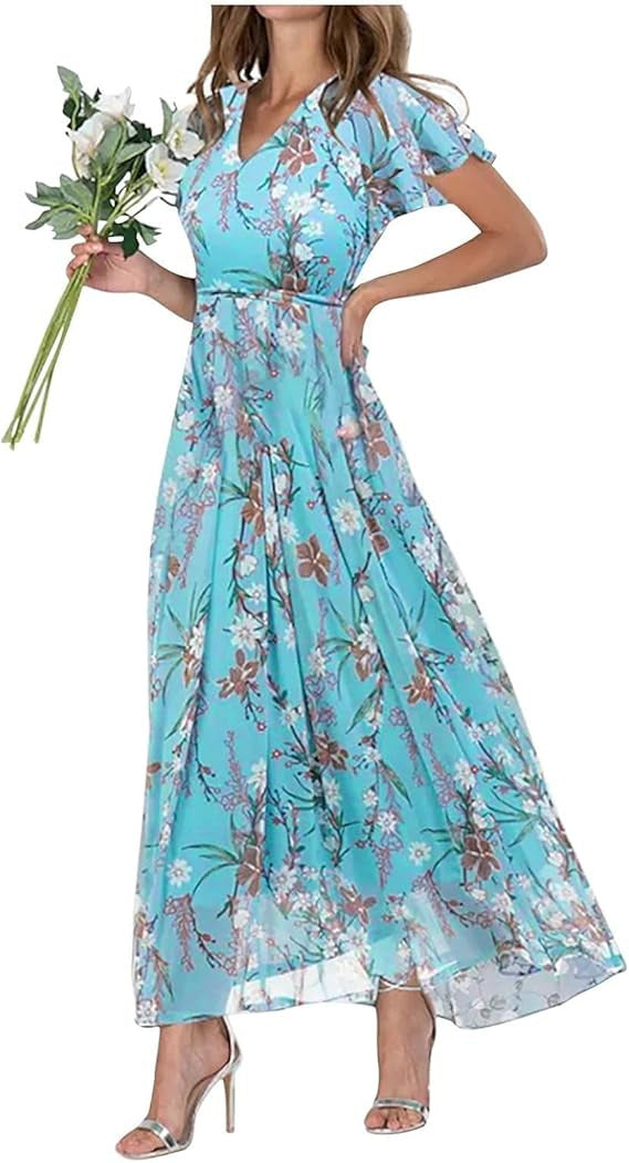 Womens Floral Chiffon Maxi Dress - Ruffle V-Neck Off-Shoulder Swing Dress | Elegant Boho Summer Dress TED