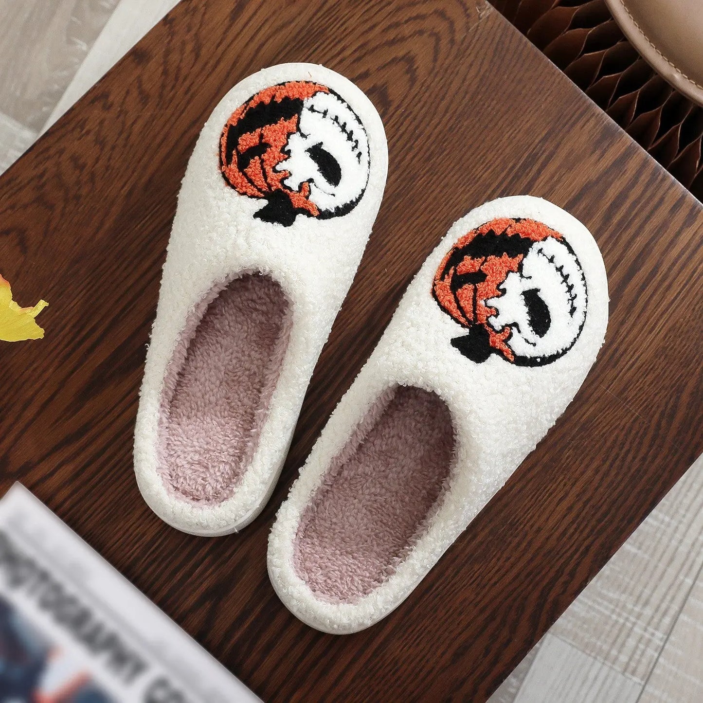 Halloween Plush Slippers Skull Pumpkin Ghost Cozy Anti-Slip Indoor Shoes TED