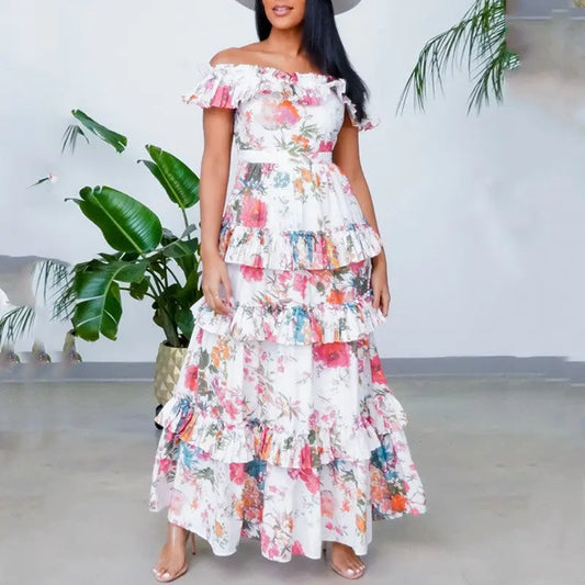 Women’s Ruffled Hem Maxi Dress – Elegant Printed Long Sleeve Dress | Office & Casual Flowy Dress CJ