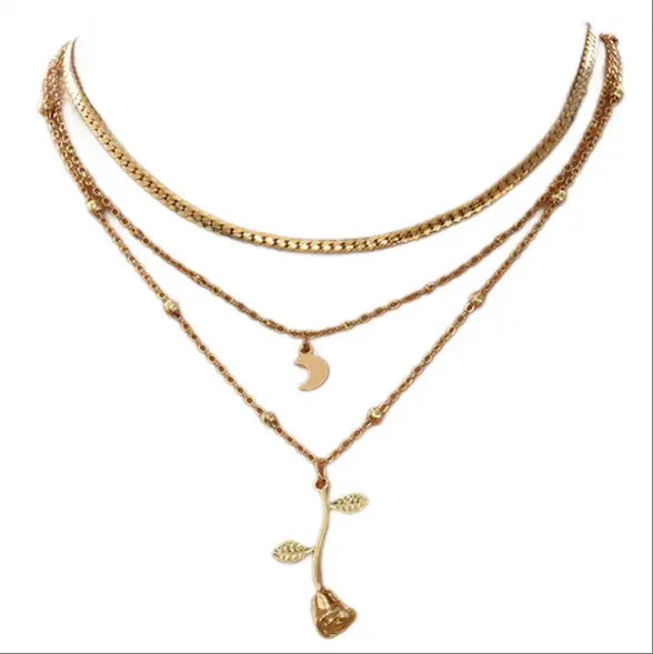 Bohemian Moon & Rose Gold Necklace Multi-Layer Flower Pendant Chain TED