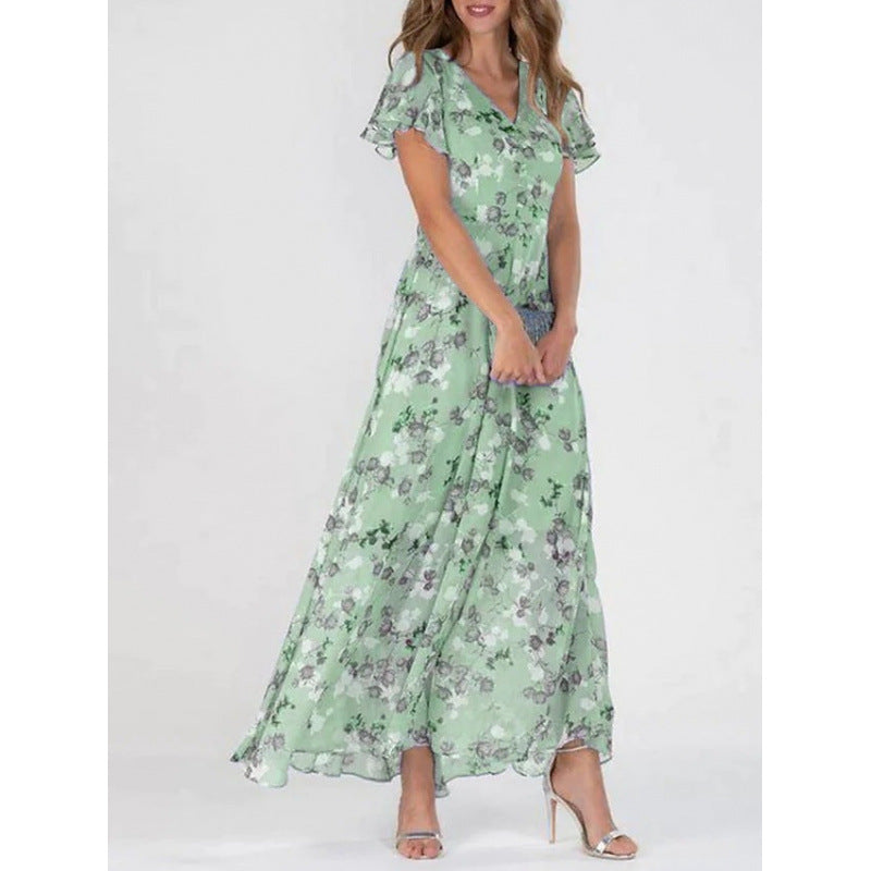 Womens Floral Chiffon Maxi Dress - Ruffle V-Neck Off-Shoulder Swing Dress | Elegant Boho Summer Dress TED