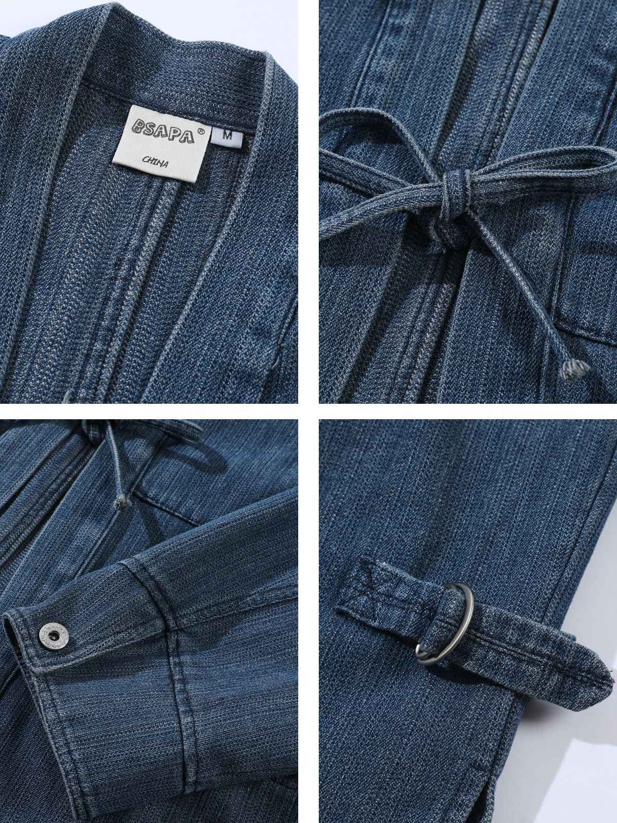 Mens V-Neck Denim Jacket Washed Cotton Oversized Ethnic Style Casual Coat