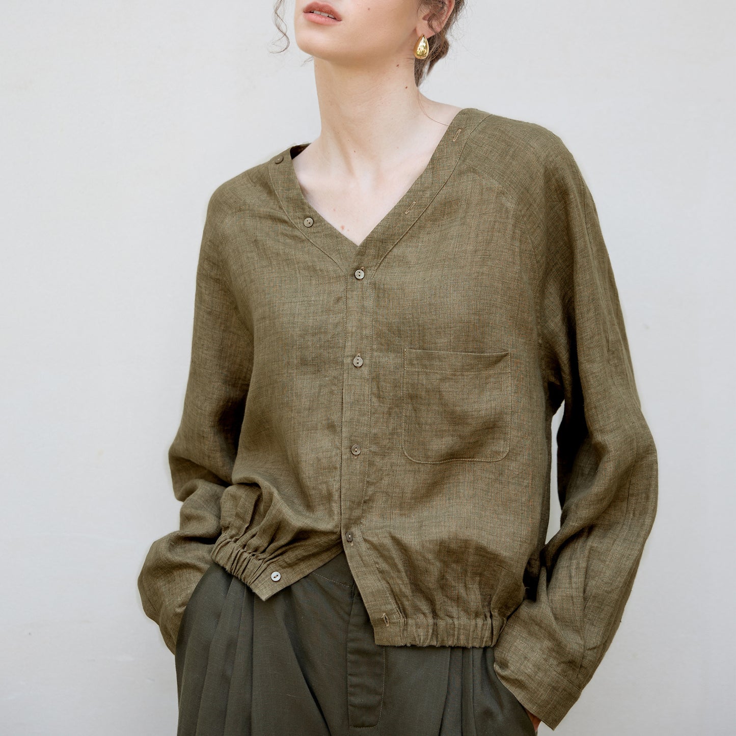 Women's Linen V-Neck Raglan Sleeve Shirt | Artistic Vintage Linen Blouse Women - EverCharm Gifts