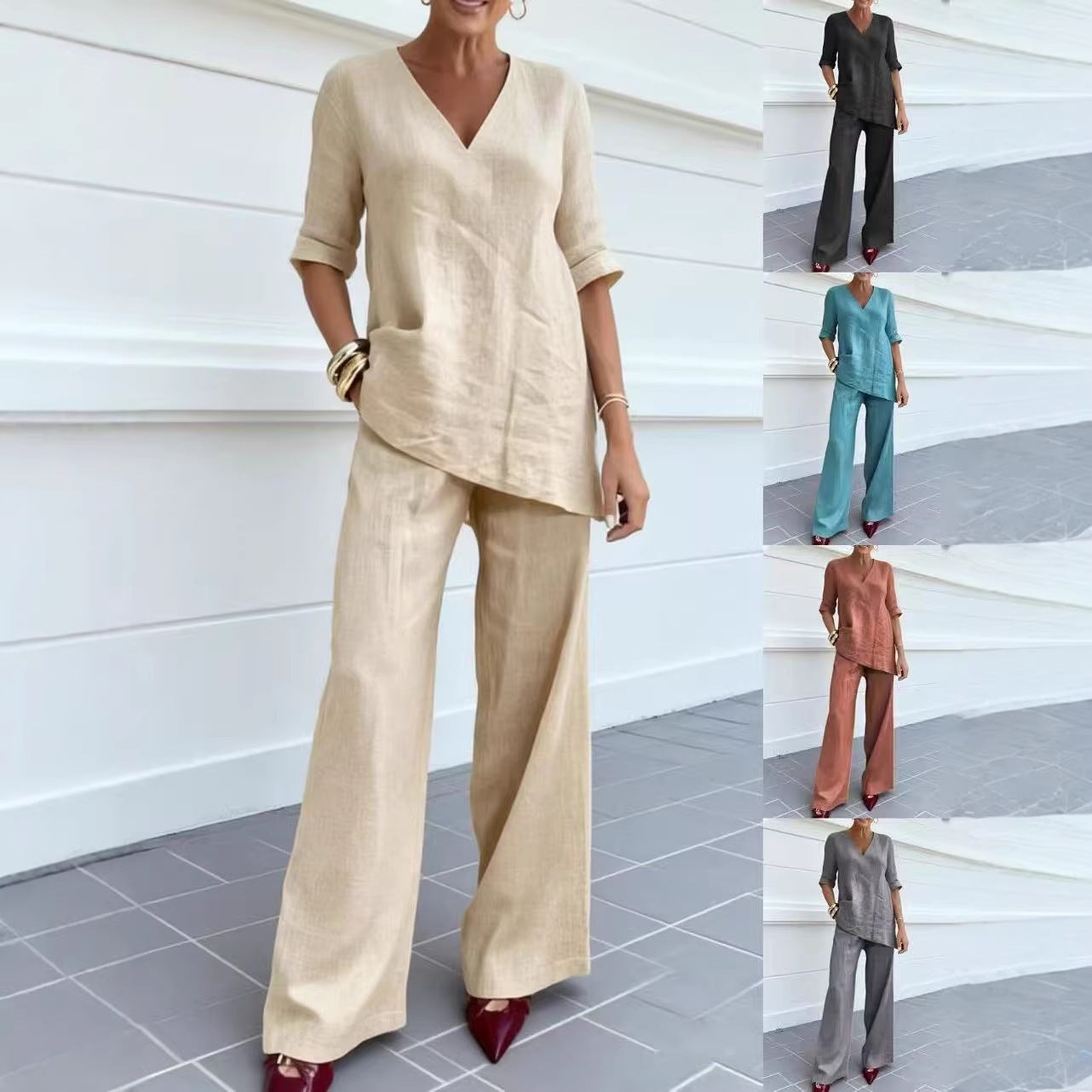 Womens Cotton Linen Lounge Set V-Neck 3/4 Sleeve Top & Casual Wide Leg Pants | Relaxed Two-Piece Outfit TED