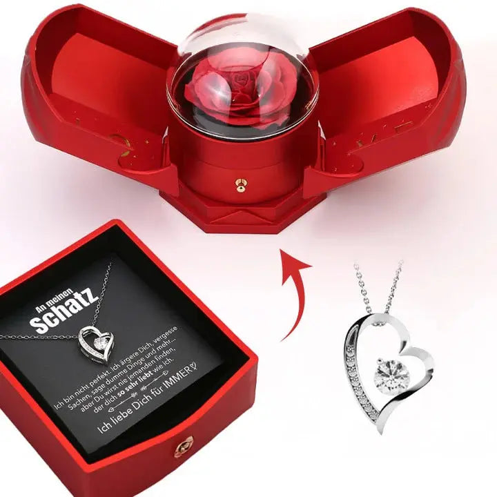 Heart Rose Necklace Gift Set Double-Open Jewelry Box with Greeting Card | Romantic Love Pendant Gift TED