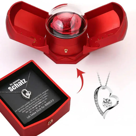 Heart Rose Necklace Gift Set Double-Open Jewelry Box with Greeting Card | Romantic Love Pendant Gift TED
