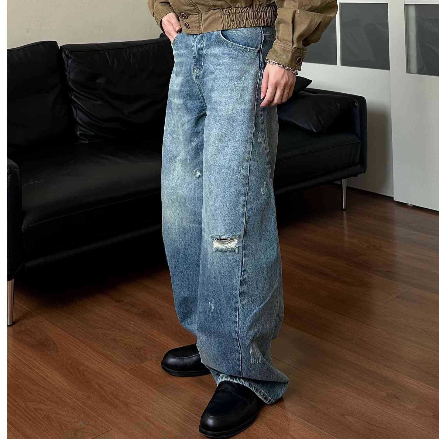 Men’s Straight Leg Jeans – High Waist Washed Denim Pants (Blue) EPR
