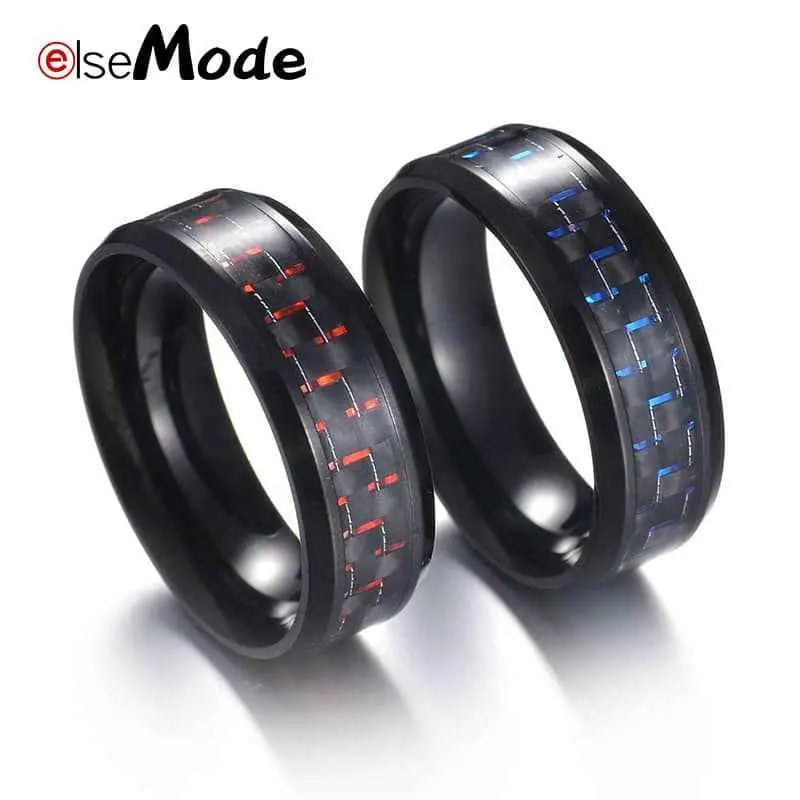 Men’s Titanium Steel Carbon Fiber Ring – Black with Red/Blue Accent (Father’s Day Gift)