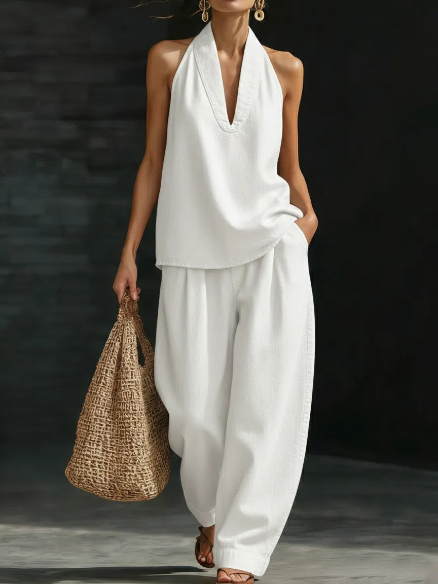Women’s Off-Shoulder Wide Leg Pants Set – Elegant Sleeveless Matching Outfit