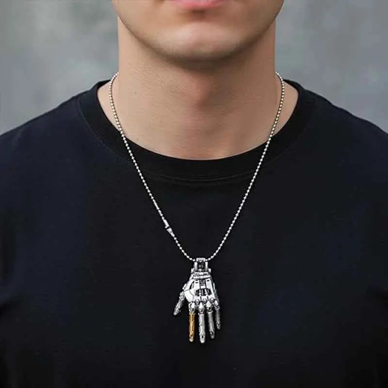 Mechanical Bionic Hand Necklace – Movable Robot Hand Pendant Collectible Gift for Men