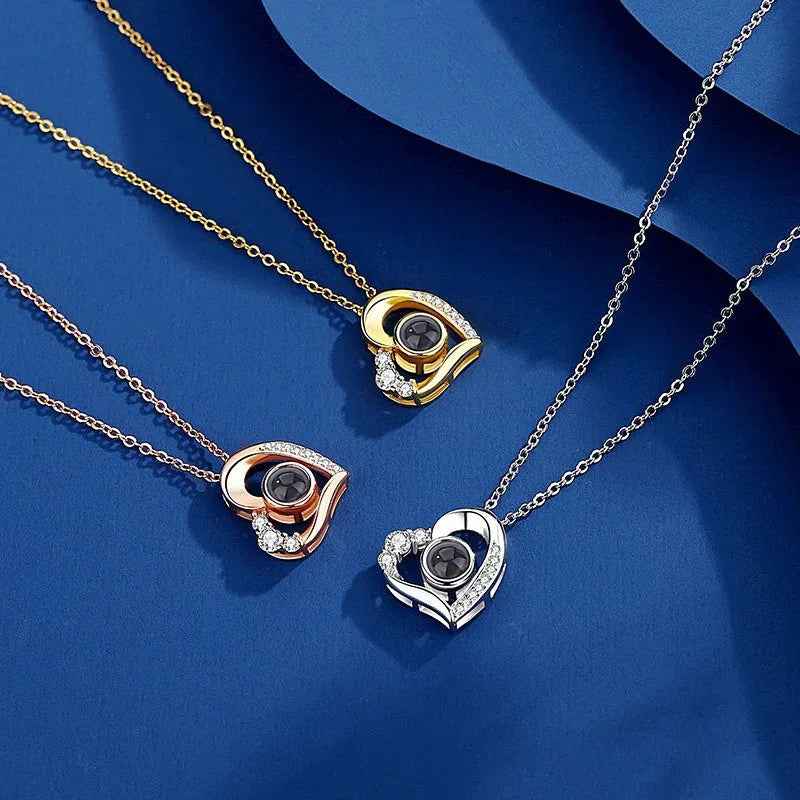 925 Silver Photo Projection Necklace – “I Love You” in 100 Languages Personalized Pendant for Her