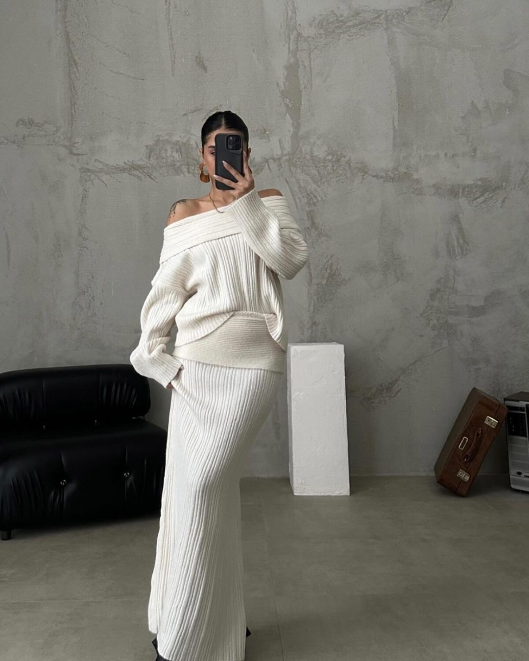 Womens Winter Outfit Two Piece Skirt Set – Off Shoulder Sweater & Long Skirt Outfit | Free Shipping