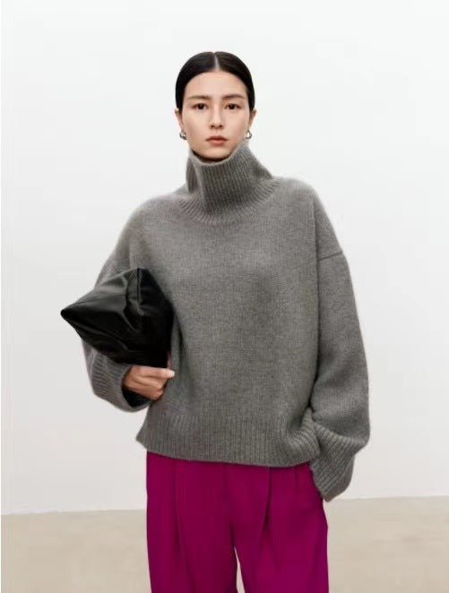 Women’s High Neck Cashmere Sweater – Loose Fit Thick Knit Wool Pullover | Free Shipping