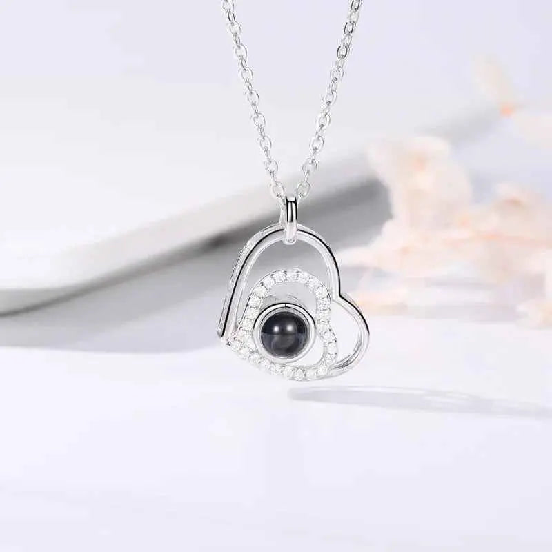 Custom Photo Projection Heart Necklace – “I Love You” in 100 Languages Love Bear Pendant