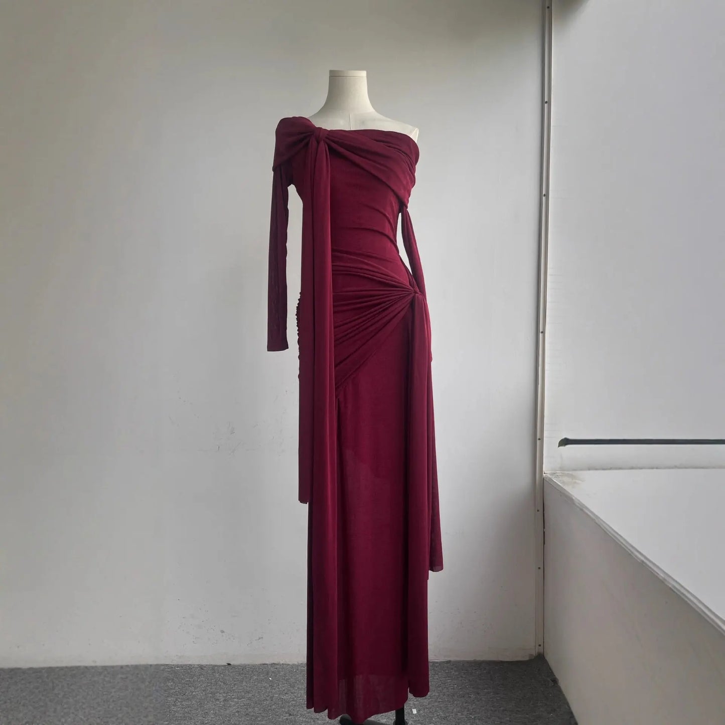 Women’s One-Shoulder Knit Maxi Dress – Elegant Fitted High Waist Long Sleeve Dress | Evening & Party Bodycon Gown