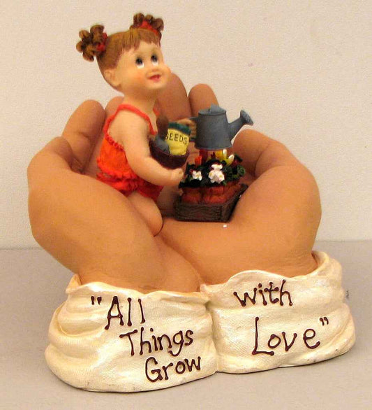 “All Things Grow With Love” Resin Figurine – Child & Hands Keepsake Home Décor