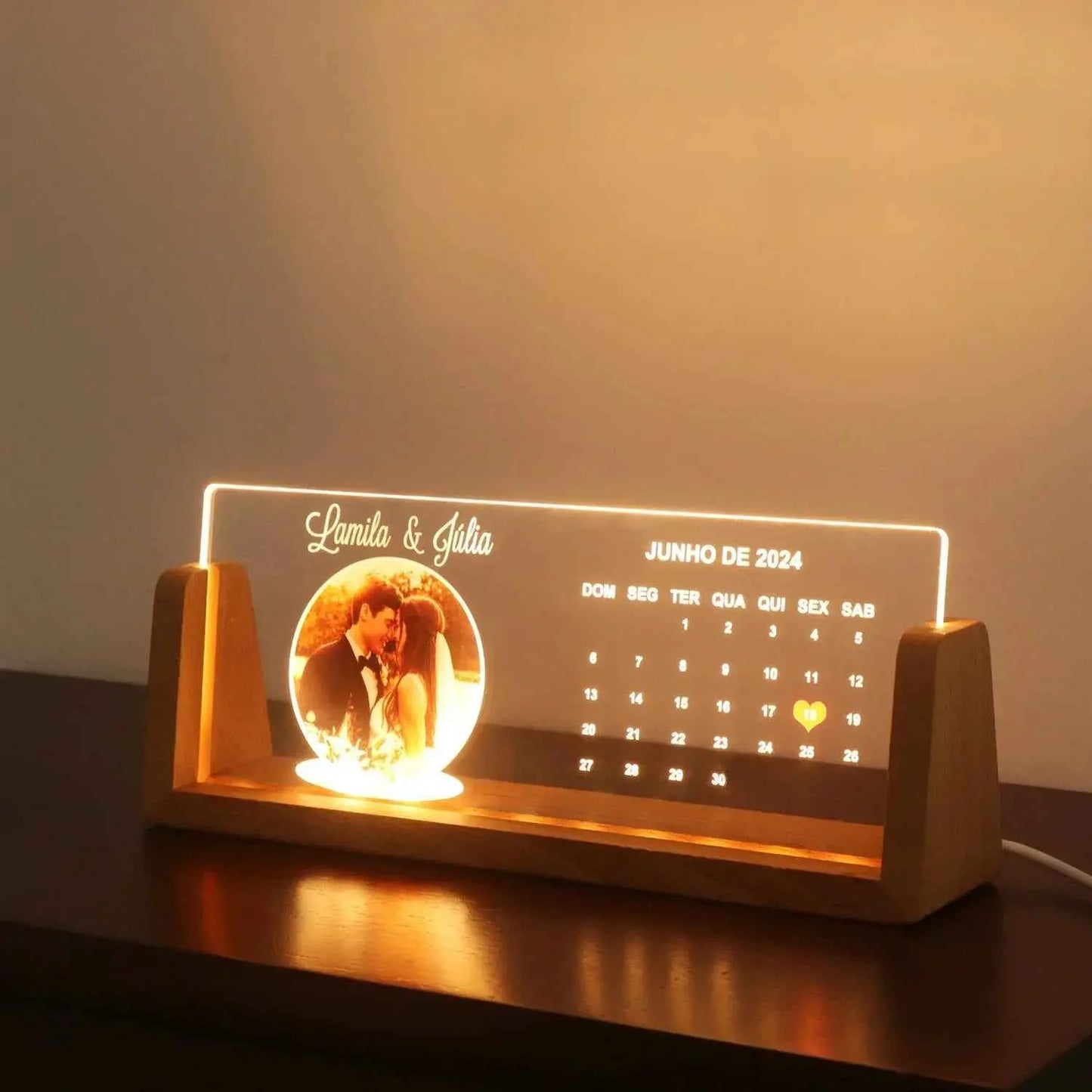 Personalized LED Photo Frame Night Light – Custom Acrylic Memorial Plaque with Wooden Base