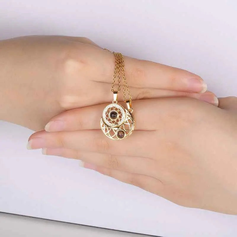 Sun & Moon Couple Projection Necklace – “I Love You” in 100 Languages Matching Set
