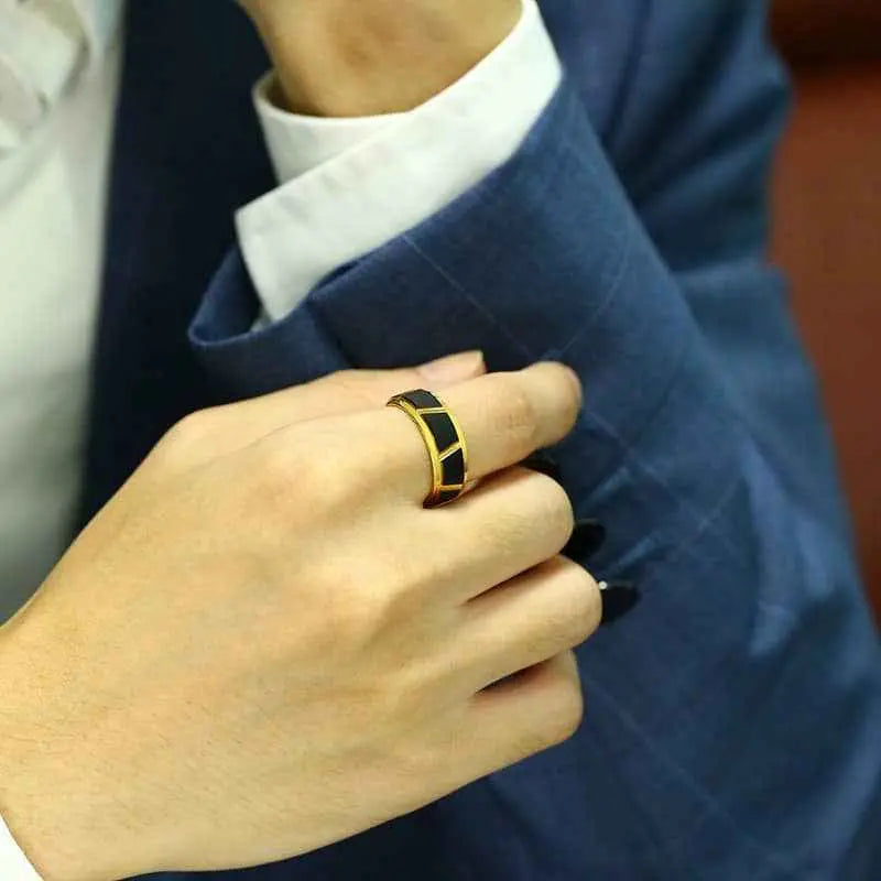 Men’s Tungsten Steel Ring – Black & Gold Geometric Band (Father’s Day Gift)