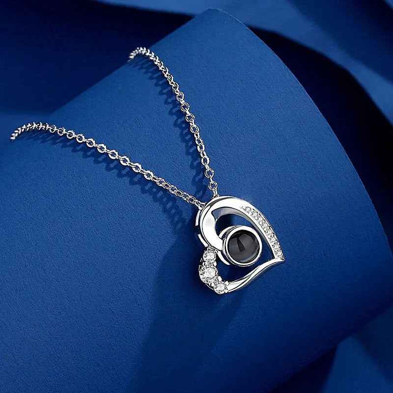 925 Silver Photo Projection Necklace – “I Love You” in 100 Languages Personalized Pendant for Her